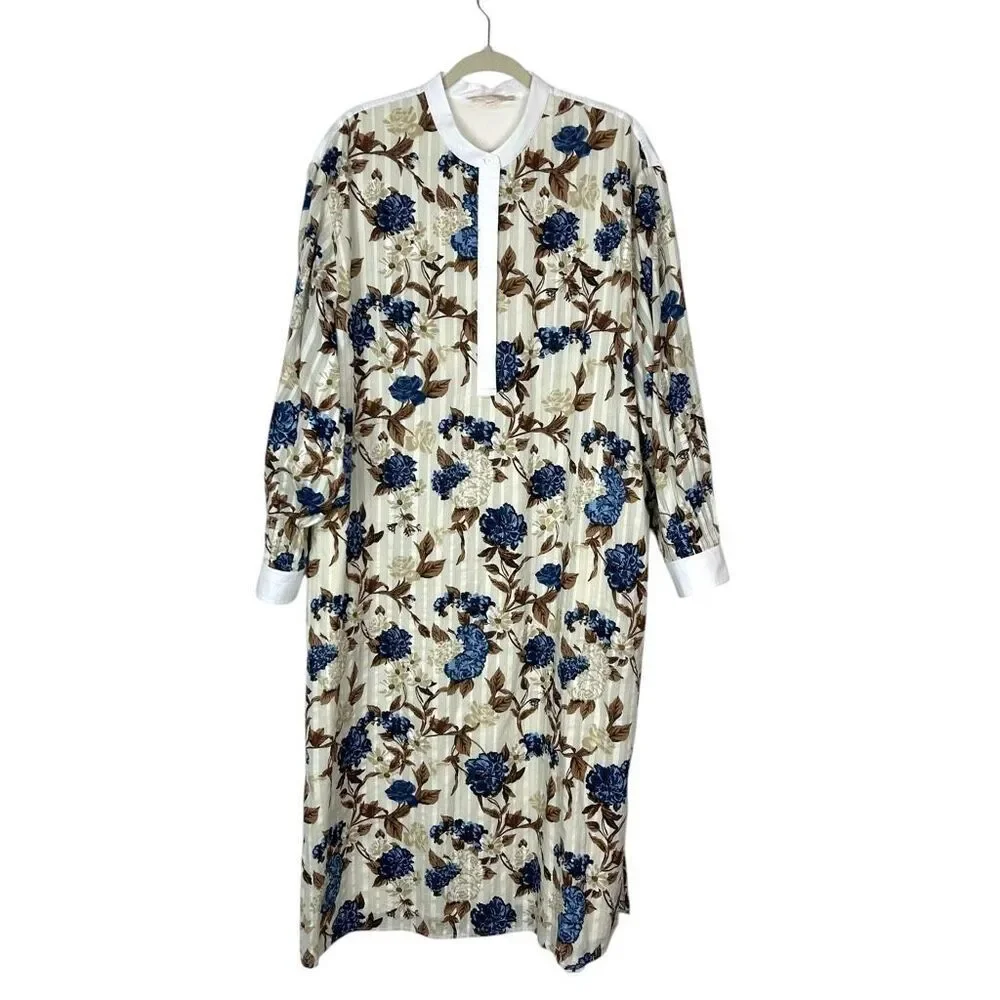 Tory Burch Dress XL Floral Tunic Midi Shirtdress Round Neck Long Sleeve Toile